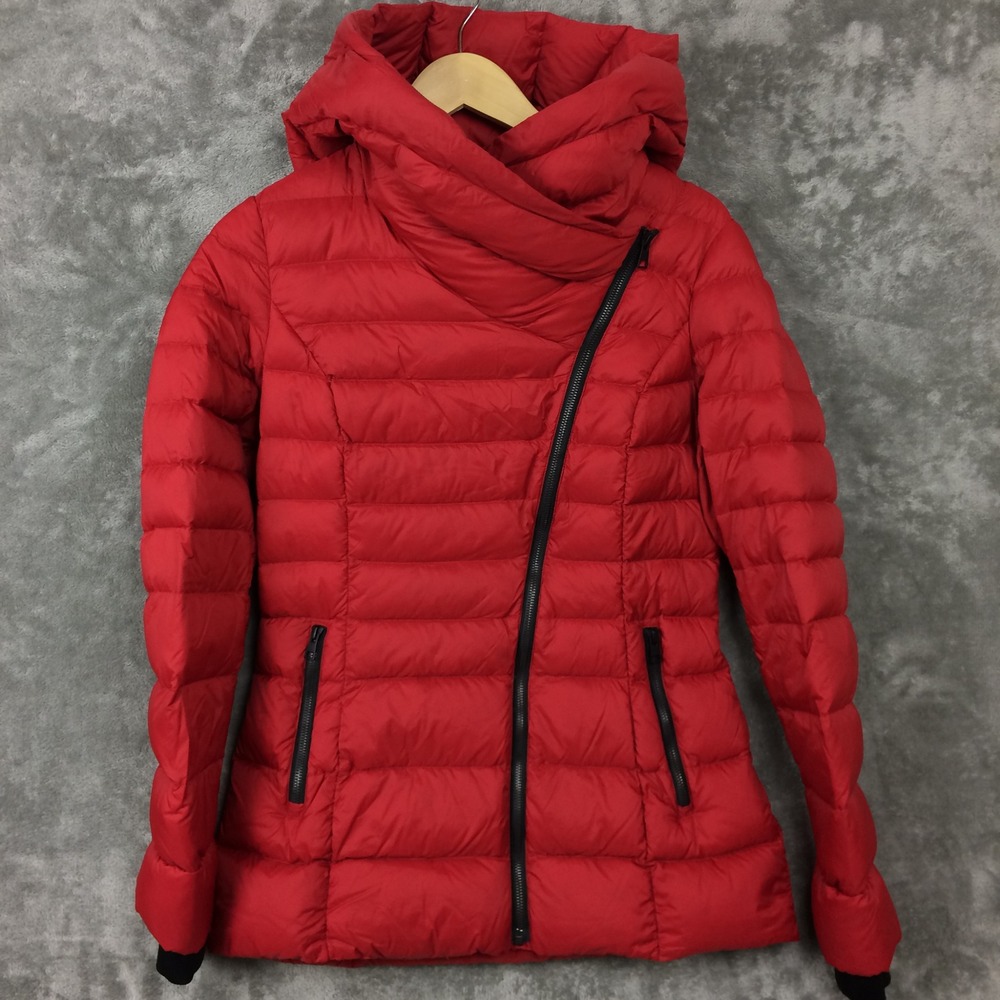 Soia & Kyo Puffer Jacket Women S Red Asymmetrical Zip Hooded Quilted Down